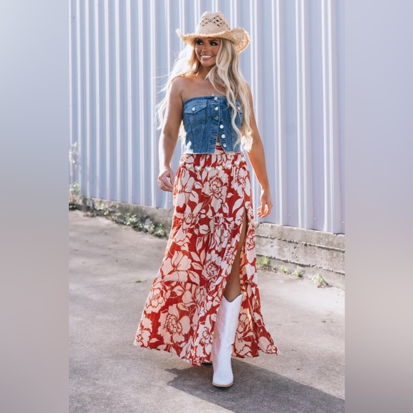 NWT Angie Floral Tropical Print Side Front Slit Long Maxi Skirt Clay - Picture 2 of 10